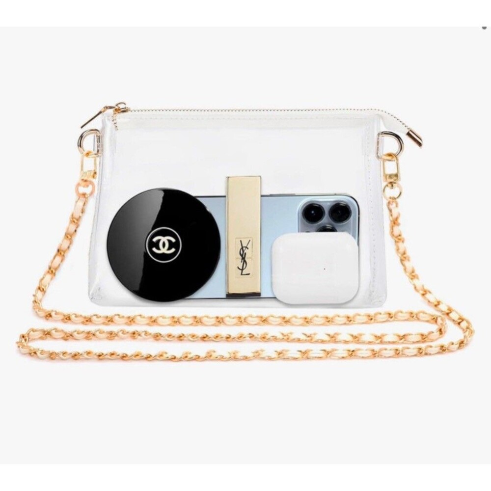 Clear Purse Stadium Concert Sports Retail Employee Approved Gold White Strap NWT